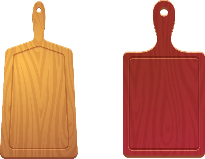Cutting table for food. Wooden plate for pizza or natural sliced products exact vector colored illustrations isolated. Plank for prepare, hardboard cook form and shape