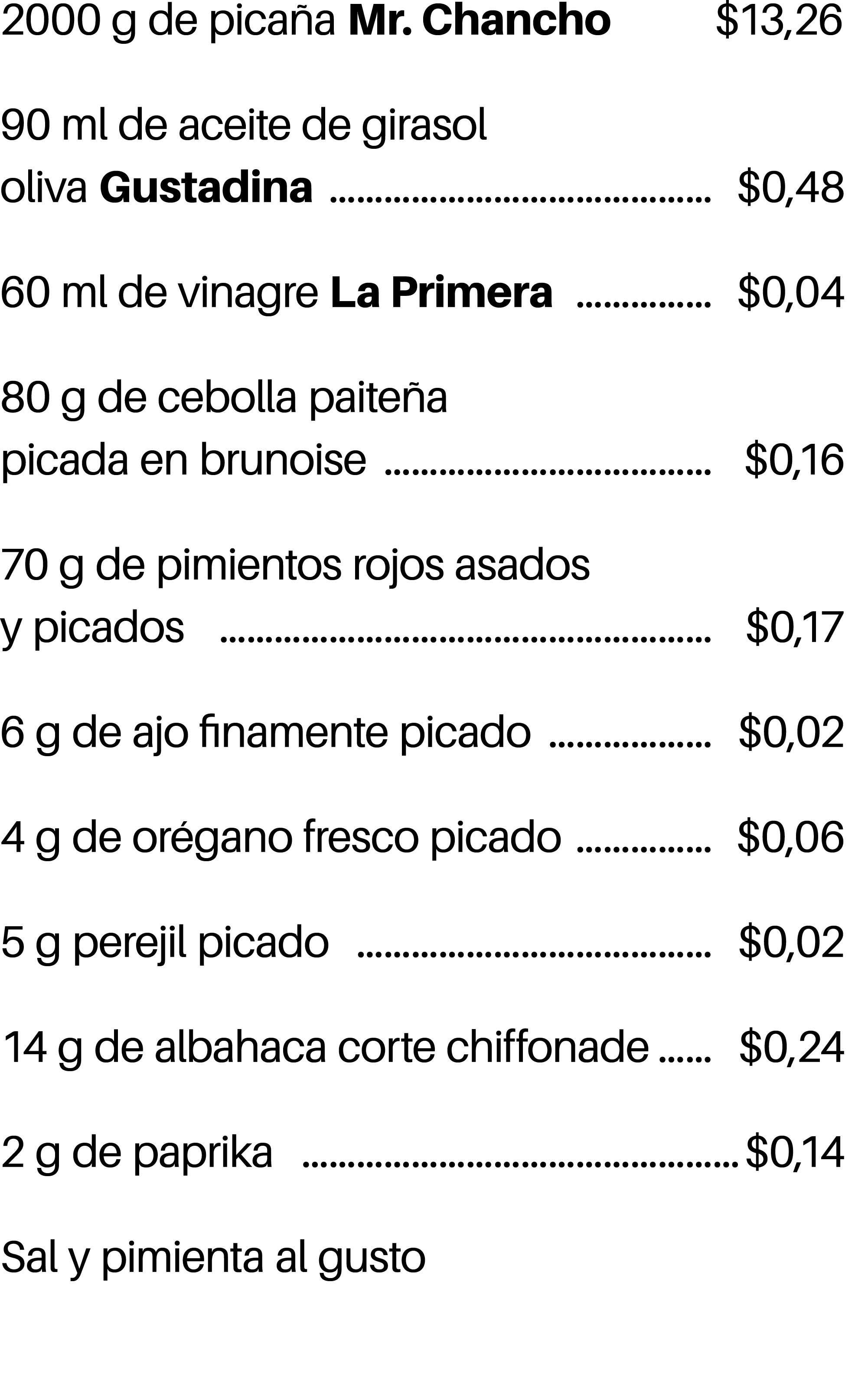 2000 g de pica a Mr. Chancho $13,26 90 ml de aceite de girasol oliva Gustadina $0,48 60 ml de vinagre La Primera $0,0...
