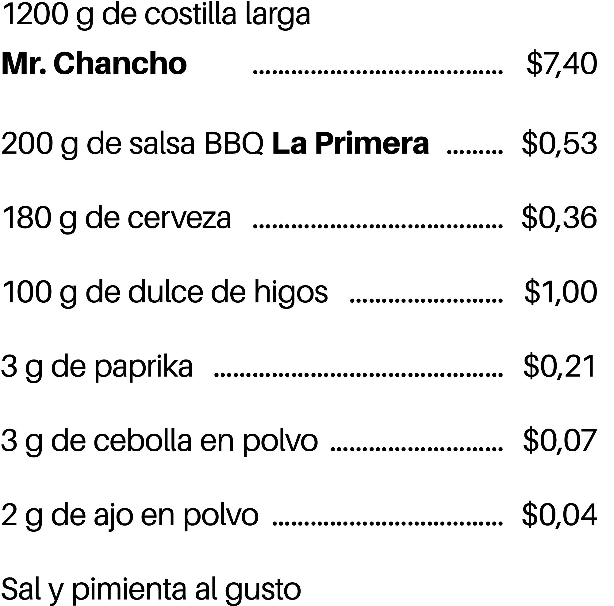 1200 g de costilla larga Mr. Chancho $7,40 200 g de salsa BBQ La Primera $0,53 180 g de cerveza $0,36 100 g de dulce ...