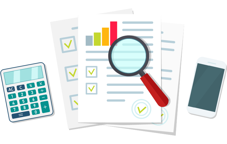 Audit icon. Financial research and report. Document with verification data and result of analyze. Auditor, accountant check on paper. Chart on sheet for seo analytics, control quality, review. Vector.
